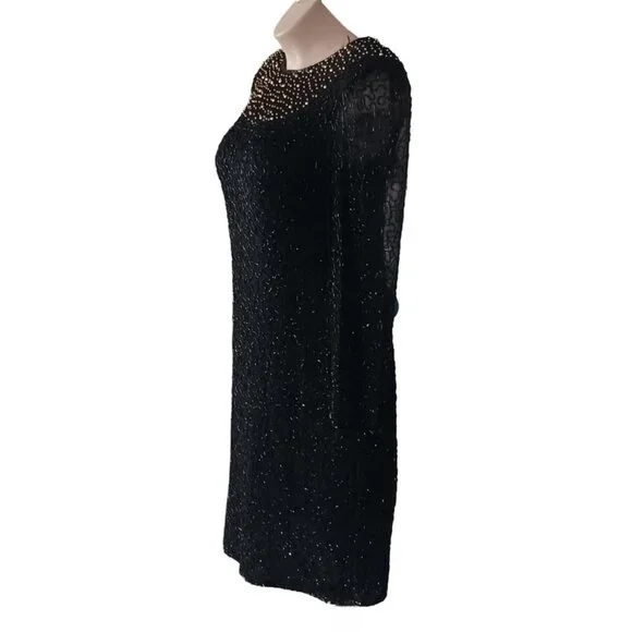 Beaded Drama Special Occasion Womens Dress Size 16 Black Long Sleeve - Picture 3 of 8